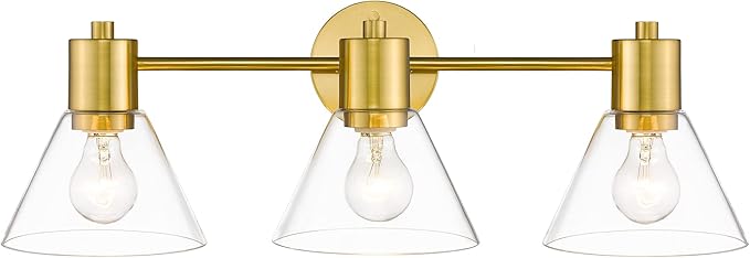LMS Gold Bathroom Vanity Light Fixtures, 3 Light Bathroom Light Fixtures with Clear Glass Shade, LMS-108