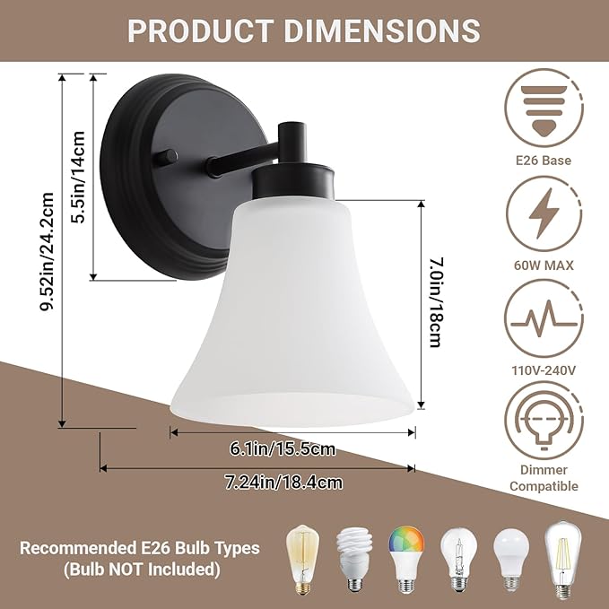 LOUSACE 2 Pack 1-Light Bathroom Vanity Lights Black Vintage Bathroom Lighting Fixtures with Opal White Glass, Set of 2 Single Vanity Wall Sconces for Side Mirror Cabinet Stairs Kitchen Living Room