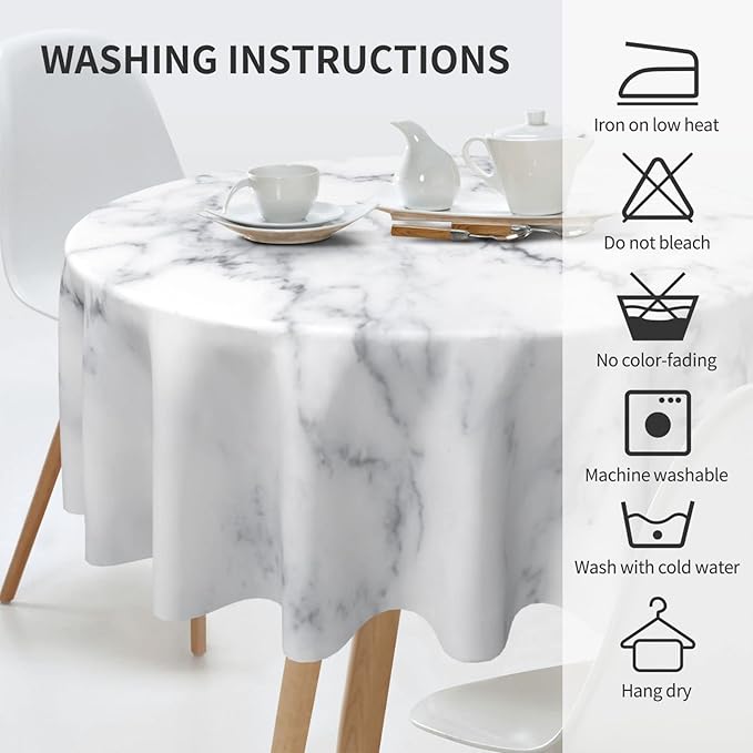 Kawani White Marble Round Tablecloth 60 Inch Ruitic Black and Grey Table Cloth Waterproof Fabric Farmhouse Abstract Tablecloths Decorative for Holiday Party Picnic