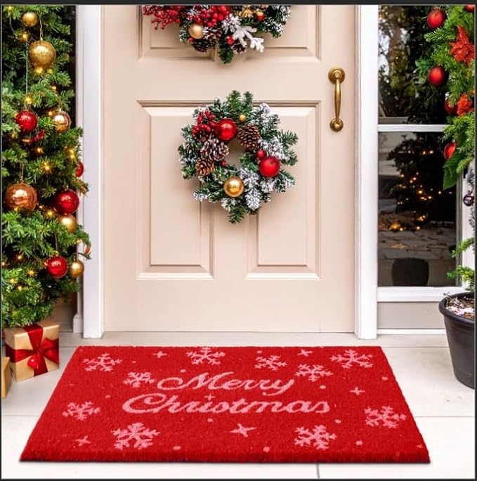 Merry Christmas Door Mat – Coir Front Door Mat for Outdoor Entrance, Holiday Welcome Mat, Durable Non-Slip Christmas Outdoor Mat (17" x 30")`