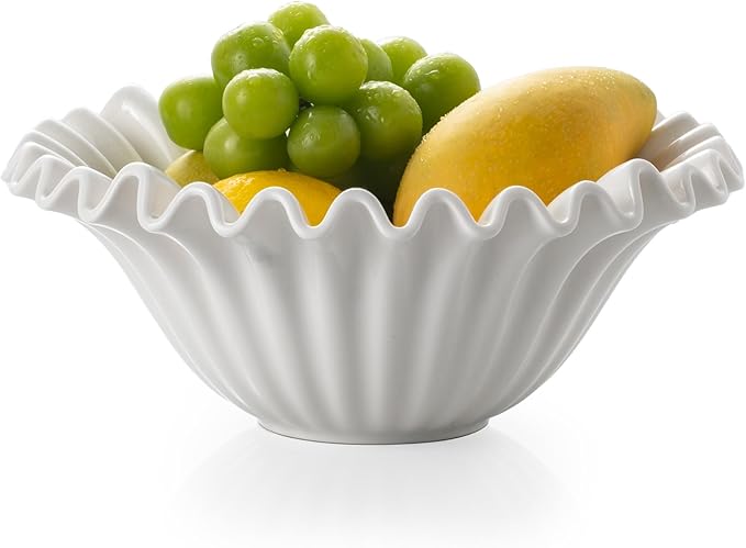Large Decorative Bowl, 10 inches Porcelain Fruit Bowl for Kitchen Counter HandCrafted Ruffle Bowl for Home Decor Stylish Flower Dish for Party, White