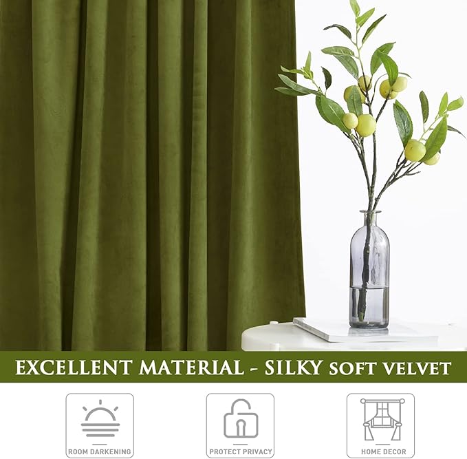 StangH Olive Green Curtains - Super Soft Velvet Room Darkening Drapes 90 inches Back Tab Home Decoration for Living Dining Room/Nursery Bedroom, W52 x L90, 2 Panels