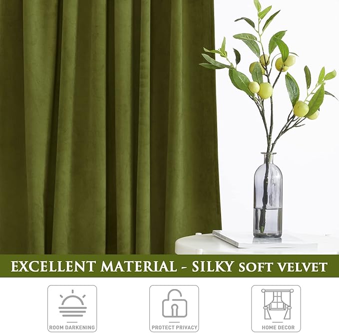 StangH 108 inches Velvet Curtains - Luxury Olive Green Room Darkening Thermal Insulated Velour Window Drapes for Dining Room, Party Backdrops, W52 x L108, 2 Panels