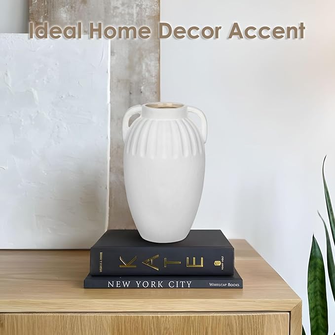 Ceramic Rustic Farmhouse Vase, 9 inch Pottery White Flower Vase with 2 Handles for Centerpieces Pampas Grass Boho Modern Rustic Farmhouse Decor for Living Room Kitchen Countertop Dinner Table Shelves