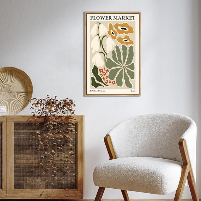 Gufro Flower Market Framed Canvas Wall Art，Green Fresh Boho Floral Wall Decor，Abstract Colorful Botanical Painting-12x16in