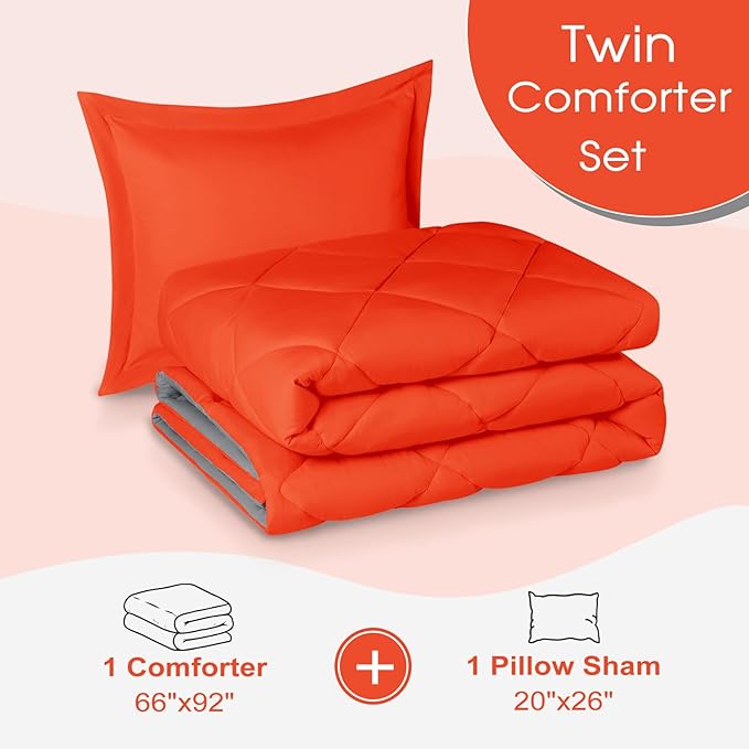 Beyond Basic Twin Comforter Set - Orange & Charcoal Gray Reversible Twin Comforter, 1 (66"x92") and 1 Pillow Sham (20"x26"+"2")