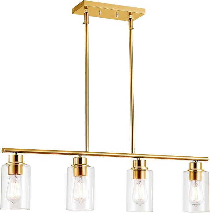 Kitchen Island Light, 4-Light Pendant Lighting, Farmhouse Industrial Dining Room Light Fixtures for Kitchen Island Dining Living Room, Brushed Gold with Clear Glass Shade