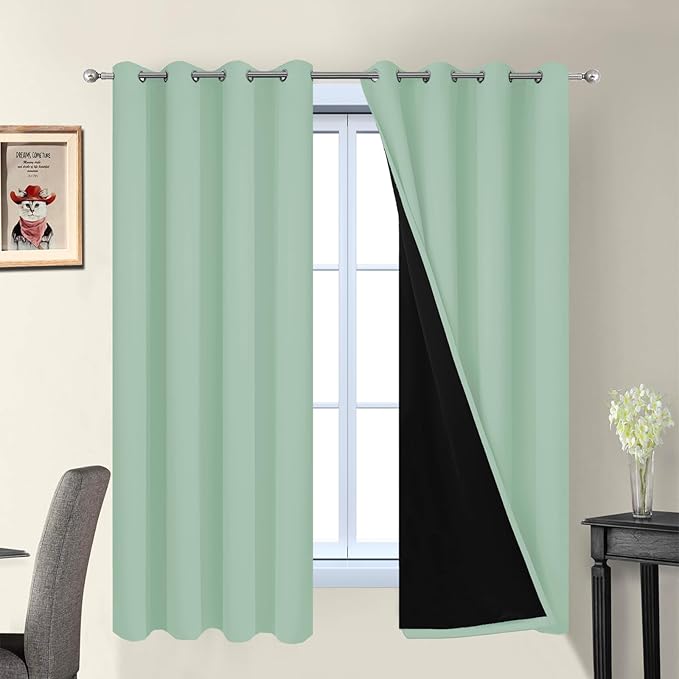Yakamok Sage 100% Blackout Curtains, Total Blackout Lined Curtain Panels for Bedroom, 2 Thick Layers Grommet Top Thermal Insulated Blackout Drapes for Living Room(52Wx63L, Light Sage, 2 Panels)