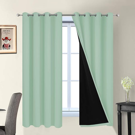 Yakamok Sage 100% Blackout Curtains, Total Blackout Lined Curtain Panels for Bedroom, 2 Thick Layers Grommet Top Thermal Insulated Blackout Drapes for Living Room(52Wx63L, Light Sage, 2 Panels)