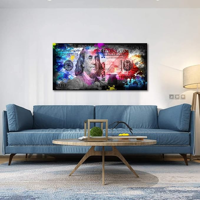Colorful 100 Dollars Bill Wall Art Canvas Panintings Inspirational Wall Art Money Pop Art Entrepreneur Motivational 100 Bill Cash Benjamin Franklin Dollar Office Home Decor Wooden Framed-48"Wx24"H