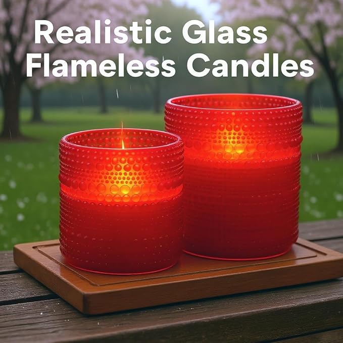 VENTA Romantic Red Glass LED Candles, Set of 2 with Remote | Dimmable Hobnail Votive Holders with Flickering Battery Candles | Ideal for Valentines Day & Anniversary Dinners