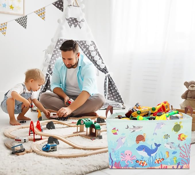 CLOCOR Rectangular Storage Basket Empty,Gift Basket,Waterproof Storage Bin with Handles,Room Decor(Under The Sea)