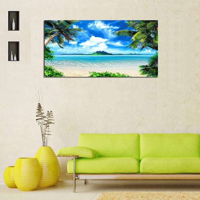 DZL Art S72774 Canvas Wall Art Ocean Waves Coconut Trees on Sands Beach Seascape Scenery Painting Nature Picture for Bedroom Home Office Wall Decor
