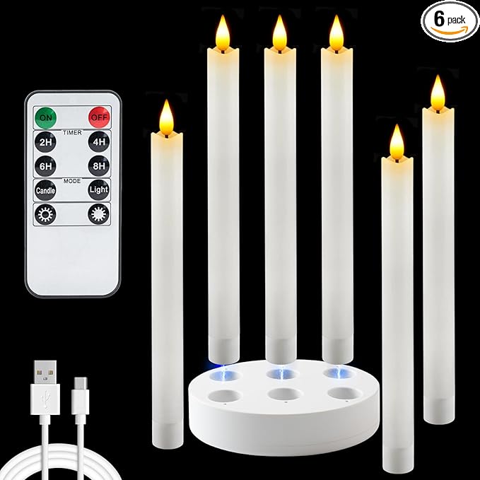 Homemory Rechargeable Flameless Taper Candles, Real Waxy LED Candlesticks Flickering, Battery Operated Candles with Remote Timer, 9.6 Inches for Home Wedding Christmas Decor, 6 Pcs, White