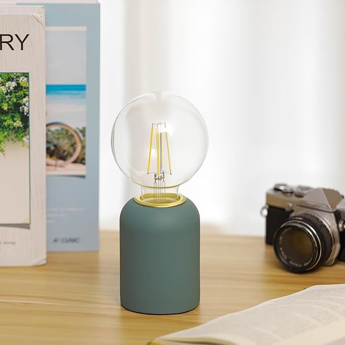 Mini Modern Blue Concrete Bedside Table Lamp, 3.5 x 3.5 x 8.5 Inch Nightstand Lamps, with Spherical Bulb Round Side Table Lamp for Bedroom Living Room Entryway Table Lamps