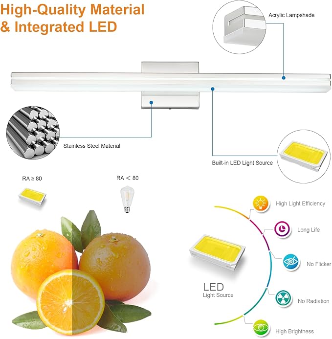 SineRise 32-Inch LED Modern Bathroom Vanity Light Bar, Chrome Modern Acrylic Bathroom Wall Lighting Fixtures Over Mirror (Cool White 6000K)