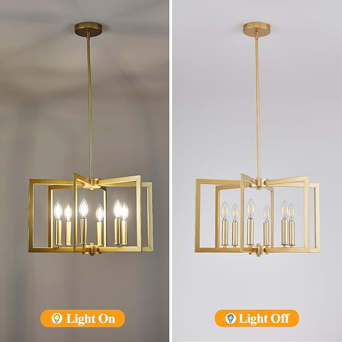 Dining Room Light Fixture Gold 6 Lights Modern Wrought Iron Farmhouse Chandelier Kitchen Island Lighting Golden Pendant Light for Living Room Foyer Entryway, E12 Socket, Height Adjustable,21.2"