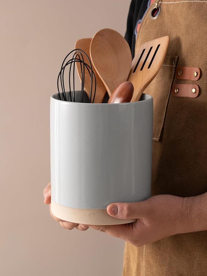 famiware Milkyway Kitchen Utensil Holder for Countertop, 7.2"+5.8" Ceramic Cooking Utensil Crocks for Counter, Utensil Organizer for Spatula & Spoon, Kitchen Decor, Set of 2, Light Gray