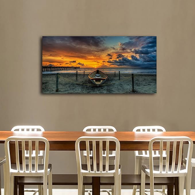 Beach Themed Wall Art Canvas Prints Seascape Poster Bathroom Décor Boat Ocean Sunset Landscape Paintings for Bedroom Dining Room Home Kitchen Decorations Natural Artwork 20x40 Picture Wooden Frames