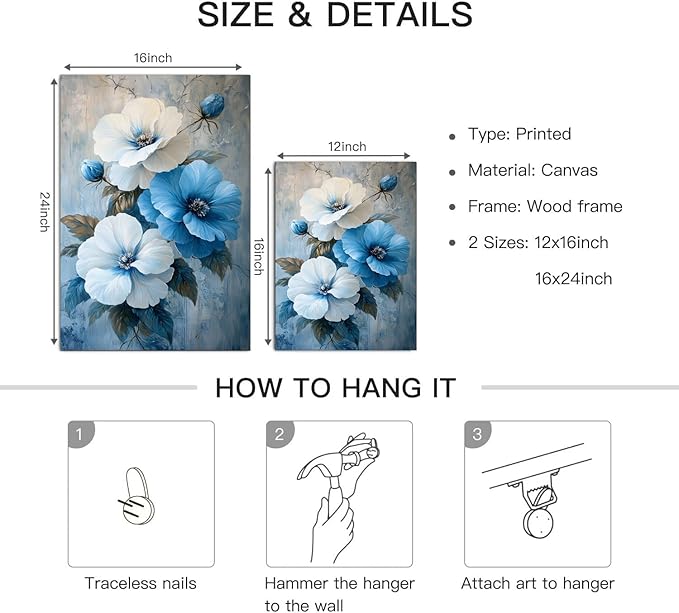 Blue and White Floral Picture Wall Decor Framed Botanical Plant Rustic Flower Canvas Wall Art Modern Pop Prints Poster Western Country Farmhouse Painting for Bathroom Living Room Bedroom (16"x24")