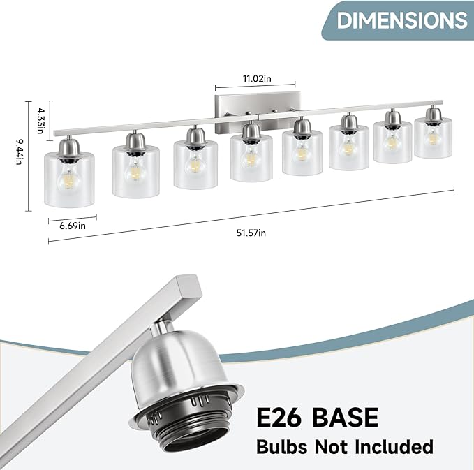 Brushed Nickel Light Fixture Bathroom, 8 Light Mirror Lights with Clear Glass, 51 inch Bathroom Mirror Lights for Oversized Mirrorss, E26 Socket