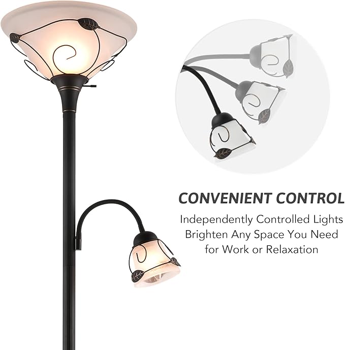 VONLUCE Torchiere Floor Lamp with Side Reading Light, 3-Way Switch Combo Antique Bronze Mother Daughter Floor Lamp with Glass Shade, 71" Desk Floor Lamp for Living Room Corner Bedroom Home Office