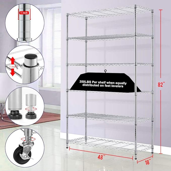 PayLessHere | 6-Tier Wire Shelf with Wheels | 48"x18"x82" | Chrome | Adjustable Racks | Heavy-Duty Storage Shelves, Holds Upto 510 lbs | Rust-Resistant, No-Tool Assembly | for Home, Garage Shelving
