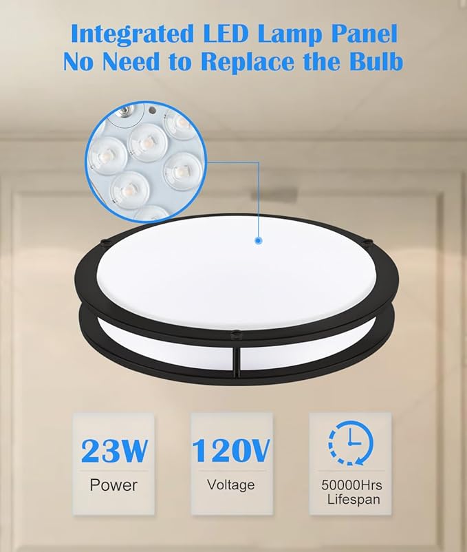 16 Inch Black Flush Mount Ceiling Light Fixture for Bedroom Bathroom, Matt Black LED Ceiling Light 3000K/4000K/5000K Dimmable Flush Mount LED Hallway Fixture, 16in, 25W