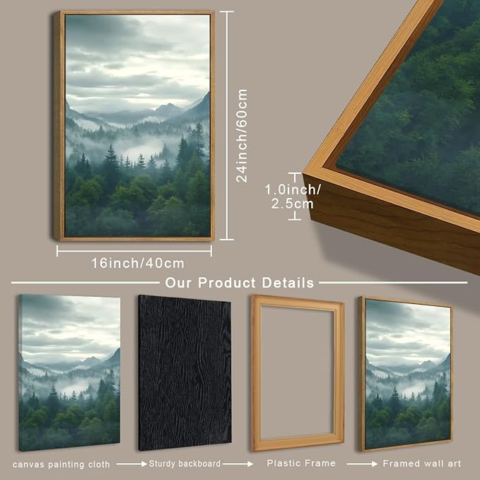 IARTTOP Large Misty Mountain Framed Wall Art 16x24 inch Green Foggy Forest Canvas Wall Decor Modern Pine Trees Nature Landscape Prints for Living Room Bedroom Set of 3