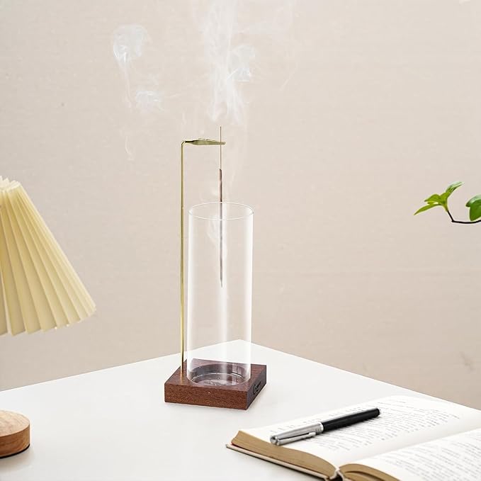 Incense Holder, Wooden Incense Holder for Sticks with Glass Ash Catcher, Anti-ash Incense Burner with 20 Incense Sticks and a Ash Brush for Meditation Yoga Spa Room Decor