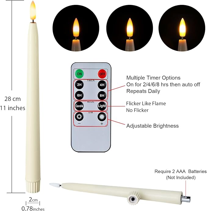 Homemory 11 inches Waxy Flameless Taper Candles with Remote Timer Dimmer, 6 Pcs Battery Operated Taper Candles with Flickering Flame, Ivory LED Candlesticks for Wedding, Christmas Indoor Decoration