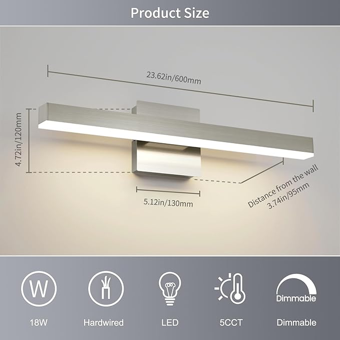 Joossnwell Bathroom Vanity Light Brushed Nickel Bathroom Light Fixtures Over Mirror 23.62 inch 5CCT Dimmable Modern LED Vanity Lighting Bar ETL Certificated