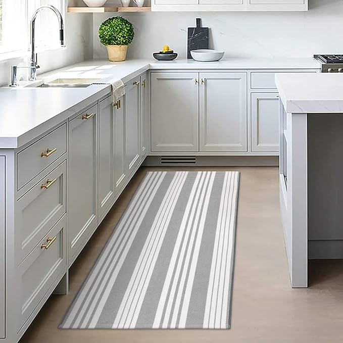 OJIA Fall Front Door Rug 24''x51'' Gray and White Striped Outdoor Rug Machine Washable Porch Rug Halloween Front Door Mat Outdoor Indoor Area Rugs Cotton Woven Entry Mat for Home Entrance/Farmhouse