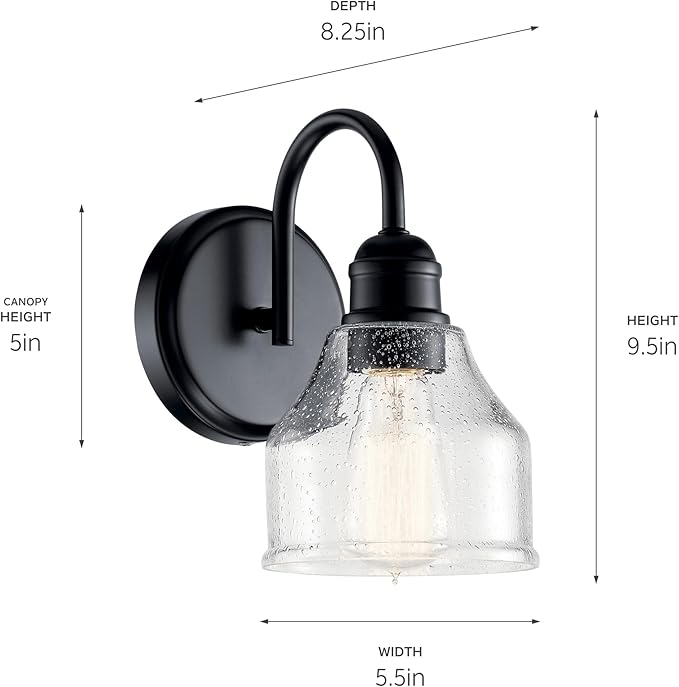 KICHLER Avery 5.5" Wall Sconce Industrial 1 Light Wall Fixture with Clear Seeded Glass in Black, for Bathroom, Bedroom or Hallway (8.25" x 5.5" x 9.5") 45971BK