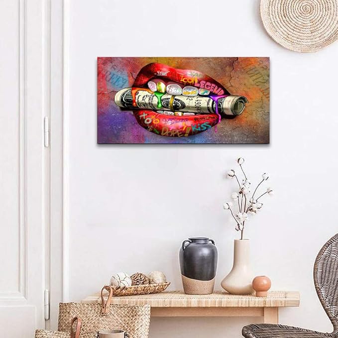 Sexy Red Lips and Dollar Colorful Graffiti Wall Art Office Home Artwork Wall Decor Inspirational Graffiti Street Wall Art Money Sexy Lips Art Print Wall Pictures Framed Ready to Hang-32 Wx16 H