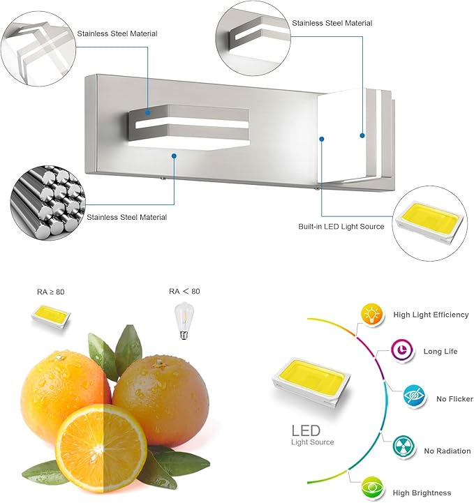 SineRise LED Modern Bathroom Vanity Light Fixtures (2-Light, 15.5-Inch), Brushed Nickel Modern Acrylic Bathroom Wall Lighting Fixtures Over Mirror (Cool White 6000K)