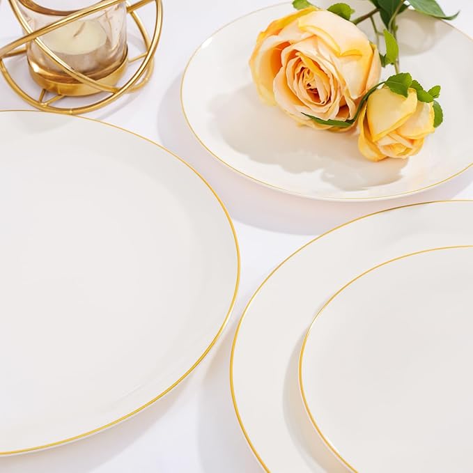 Nervure 100Pcs Ivory and Gold Plastic Plates - 10.25inch Disposable Ivory Dinner Plates - Heavy Duty Plastic Plate Ideal for Wedding & Party & Thanksgiving