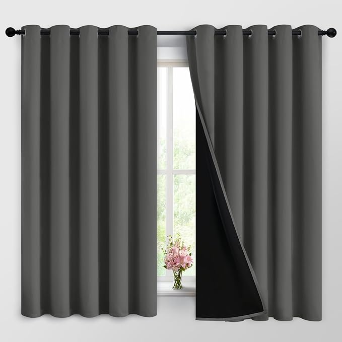 Dark Grey Full Shade Curtain Panels, Heavy Duty Lined Curtains 63 Inches Long, Thermal Insulated Room Darkening Curtains with Black Liner for Bedroom(62" Width Each Panel, Dark Gray, 2 Panels)