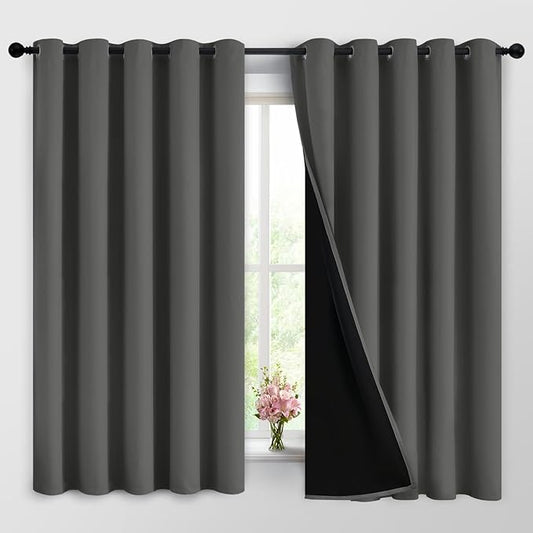 Dark Grey Full Shade Curtain Panels, Heavy Duty Lined Curtains 63 Inches Long, Thermal Insulated Room Darkening Curtains with Black Liner for Bedroom(62" Width Each Panel, Dark Gray, 2 Panels)