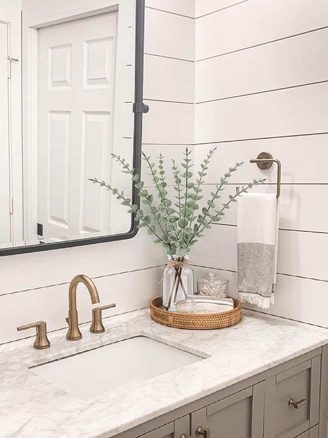 Artificial Eucalyptus Stems in Glass Vase with Faux Water，15.75" Fake Plants for Home Decor, Coffee Table Centerpieces, Office, Bathroom & Farmhouse Weddings - Faux Greenery Plants Decorations