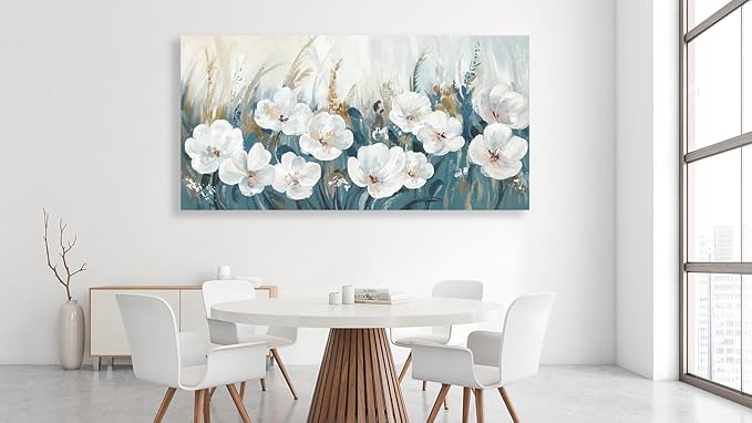 NINEASO Flowers Canvas Wall Art - White Flowers Pictures Abstract Floral Wall Decor Navy Blue Reed Botanical Painting Print Artwork for Living Room Bedroom Home Office Decorations 20" x 40"