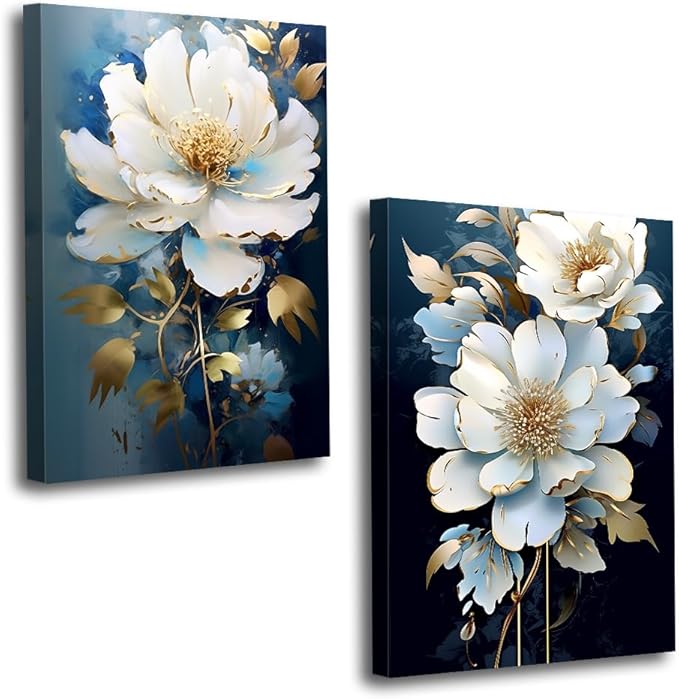 Flower Canvas Wall Art 2 Piece Navy Blue Gold and White Flower Picture Prints Floral Bloom Paintings for Bedroom Living Room Office Decor Framed(Flower,11.00" x 14.00" x 2PCS)