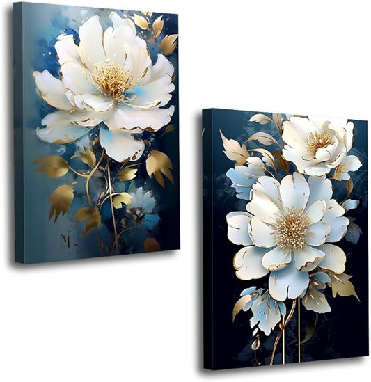 Flower Canvas Wall Art 2 Piece Navy Blue Gold and White Flower Picture Prints Floral Bloom Paintings for Bedroom Living Room Office Decor Framed(Flower,12.00" x 16.00" x 2PCS)