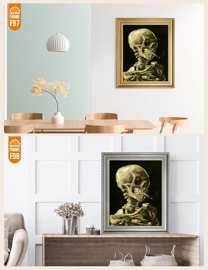 DECORARTS - Head of a Skeleton with a Burning Cigarette - Vincent Van Gogh Giclee Prints w/Antique Brown Frame for Wall Decor. Picture Size: 16x20, Total Size w/Frame: 19x23