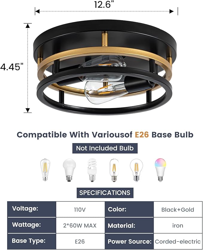 2 Light Industrial Ceiling Light Black Gold Semi Flush Mount Lights Close to Ceiling Light Fixtures,cage design Farmhouse Ceiling Lighting for Kitchen Bedroom Bathroom Foyer Hallway (E26, 1Pack)