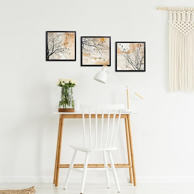 LoveHouse Bird on Tree Branch Canvas Wall Art, Black Framed Canvas Prints, Bird Pictures Wall Decor Modern Nature Decor for Home Office Hallway 12x12 Inchx3 Pcs