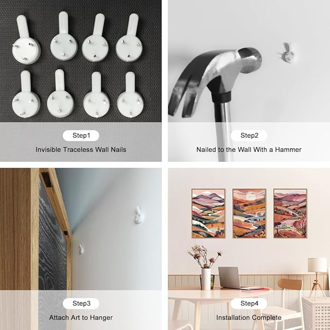 KAIRNE Boho Colorful Mountain Canvas Wall Art Set, Abstract Pink Mountains Forest Artwork, 3 Panels Framed Modern Nature Landscape Home Decor for Living Room, Bedroom, Office, 16x24 Inch Wall Decor