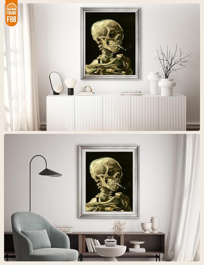 DECORARTS - Head of a Skeleton with a Burning Cigarette, Vincent Van Gogh Art Reproduction. Acid Free Cotton Canvas Giclee Print w/Bronze Frame&Mat for Wall Decor.