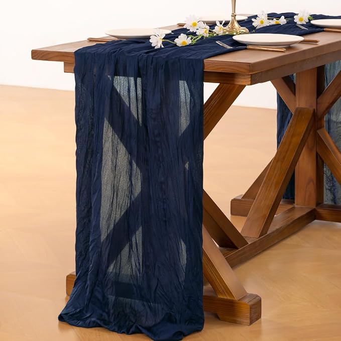 Socomi 10pcs Navy Blue Fall Thanksgiving Cheesecloth Table Runner Boho Rustic Gauze 120 inch 10FT Cheese Cloth Runner for Wedding Party Baby Shower Birthday Home Decor Holiday Decorations