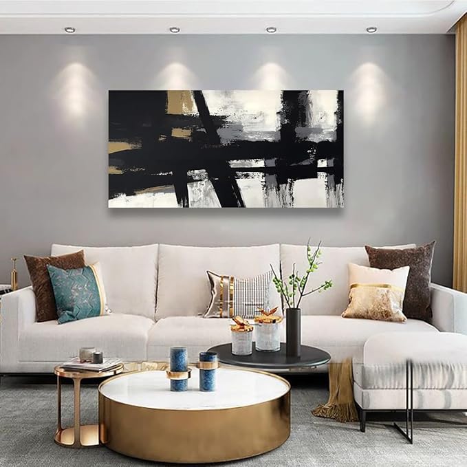 Black and White Abstract Pictures Canvas Wall Art for Living room Office Bedroom Wall Decor,Abstract Wall Art Print Paintings Modern Black Yellow Artwork Waterproof Ready to Hang-24X48 inch